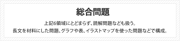 総合問題。上記6領域にとどまらず、読解問題などもおこなう。