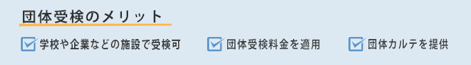 団体受検のメリット-学校や企業などの施設で受検可。団体受検料金を適用。団体カルテを提供。